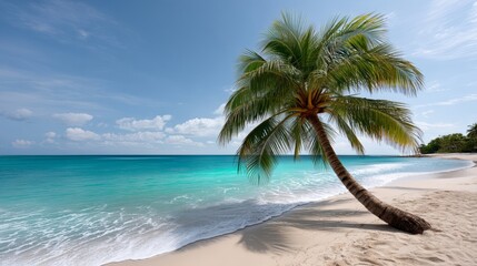 Obraz premium Palm tree is standing on a beach with the ocean in the background. The scene is calm and peaceful, with the palm tree providing a sense of tranquility