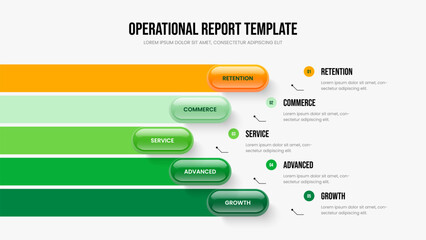 Financial Campaign 5 Step Infographic Slide Template. Market Development Five Option Diagram Frame Layout. Investor Visualization Slideshow Design Vector Illustration.