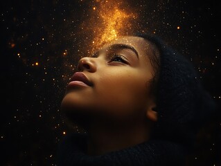 A contemplative young person gazing upward into a celestial light display.