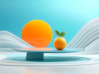 Vibrant orange fruit on a pedestal, against a backdrop of a light blue sky and soft white mountains