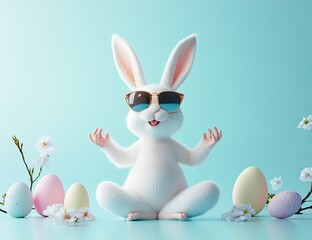 Bunny in lotus pose, Easter eggs
