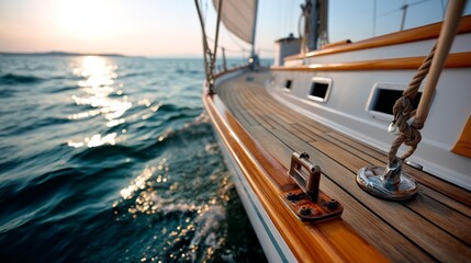 Sailboat is on the water with the sun setting in the background. The boat is tied to the dock with a rope