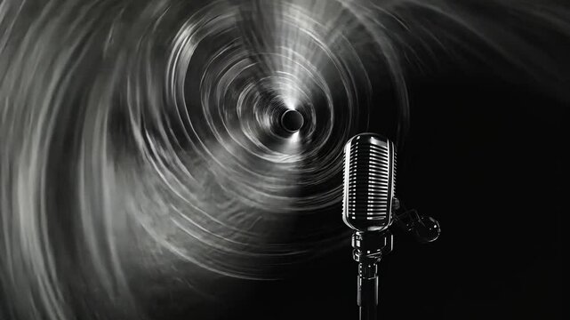 Vintage microphone capturing echoing sounds in a swirling monochromatic audio landscape