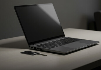 Fototapeta premium Laptop on wooden table.