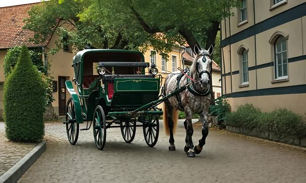 Horse-drawn carriage stands on a brick road surrounded by buildings and trees on a cloudy day