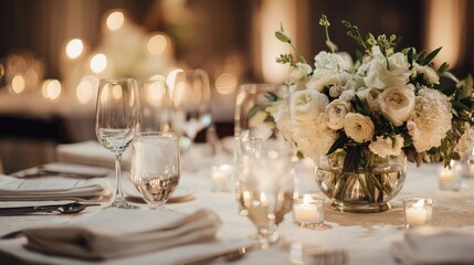 Elegant wedding table with floral centerpiece and fine china, radiating timeless romance and sophistication