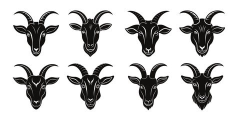Goat head face icon collection with white background.