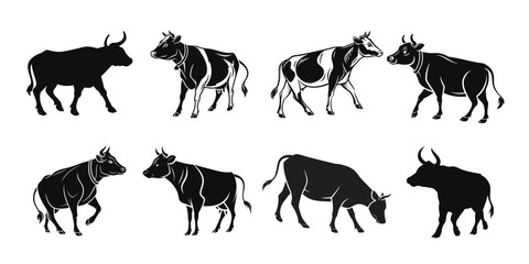 Cow silhouette collection set on white background.