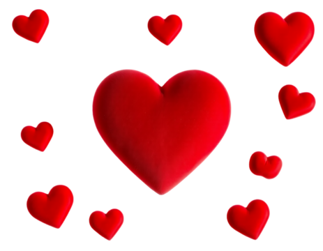 Floating 3D Red Hearts on Transparent Background