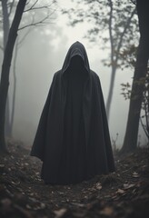 Mysterious Hooded Figure in Foggy Forest