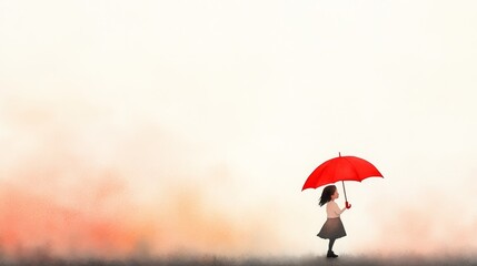 Girl with red umbrella in watercolor painting child's imagination soft background