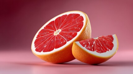 Red grapefruit is cut in half and placed on a pink background. Concept of freshness and health, as grapefruit is known for its high vitamin C content and antioxidant properties