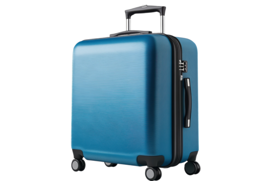 A blue suitcase on black