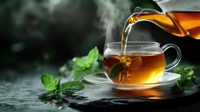 Glass of tea is poured into a cup with a green leaf on the side. The steam from the tea is rising and the cup is placed on a table
