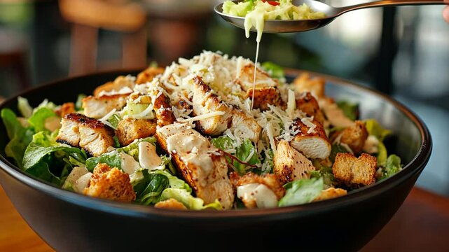 Preparing a Delicious Chicken Caesar Salad with Fresh Ingredients and Creamy Dressing