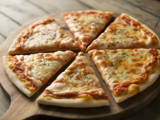 Delicious Cheese Pizza Slices on Wooden Board