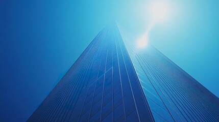 A low-angle shot of a sleek high-rise office building, its reflective glass facade and towering height accentuated by the bright blue sky in the financial district 
