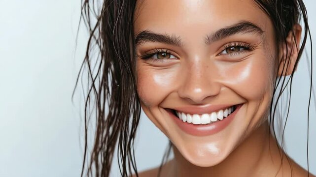 A woman with wet hair and a makeup look on her face. She has a natural beauty and a confident expression