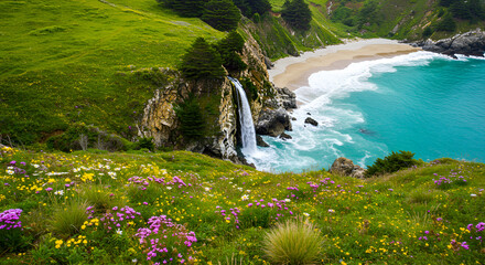 Rolling grassy hills covered with delicate wildflowers and tufts of ilalang, small trees in the distance, with a breathtaking waterfall flowing into the turquoise ocean waves on the beach