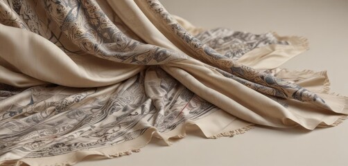 Abstract patterned silk scarf draped on neutral backdrop, drape, white, fold
