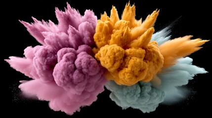 Colorful explosion of pink, orange, and green smoke. The colors are vibrant and the smoke is billowing out in all directions. Concept of energy and excitement, as if something powerful