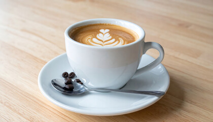 Fototapeta premium beautifully crafted cup of coffee sits on white saucer, showcasing intricate latte art. warm tones of coffee contrast with sleek design of cup, creating cozy atmosphere