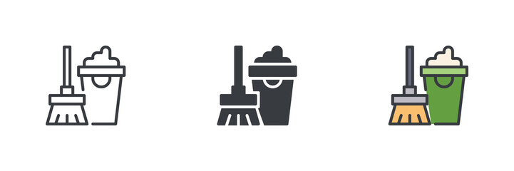 Broom and a bucket different style icon set
