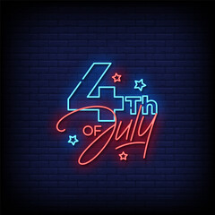 4 th of july neon sign with brick wall background vector © bohlam