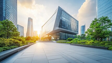 Fototapeta premium A modern corporate hub with a sleek, angular office building at its center, surrounded by urban greenery and a dynamic cityscape 