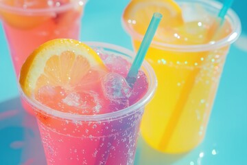 Close-up of colorful drinks with fruits in plastic cups against a blue background  