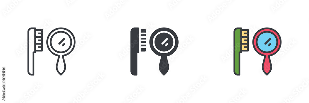 Poster hairbrush and a hand mirror different style icon set