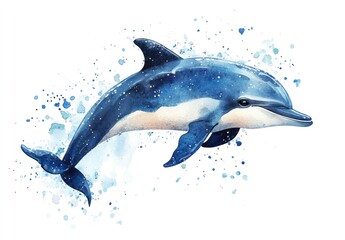 Obraz premium Vibrant Watercolor Illustration of a Dolphin Swimming Gracefully in Blue and White Tones with Splashes of Color