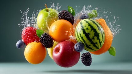 Fruit salad with apples, oranges, watermelon, and blueberries. The fruit is floating in the air, giving the impression of a light and refreshing scene