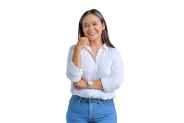 Beautiful young Asian woman smiling and looking confident isolated on transparent background