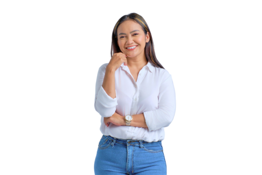 Beautiful young Asian woman smiling and looking confident isolated on transparent background