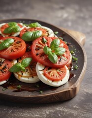 Sliced tomatoes, fresh mozzarella, basil leaves, balsamic glaze ,  diet,  appetizing,  light