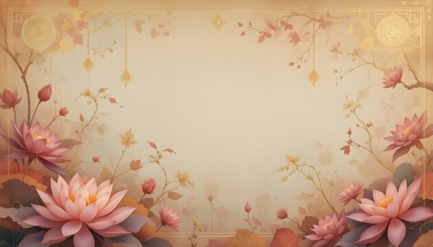Vintage Aged Paper Background with Faded Golden Buddhist Symbols and Sepia Tones for Vesak Day and Spiritual Themes	