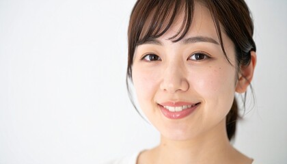 落ち着いたホワイトの背景の前で、20代の日本人女性がやさしく微笑むクローズアップポートレート。清潔感と親しみやすさが印象的な一枚

