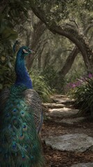 Obraz premium Majestic peacock in a lush garden pathway.