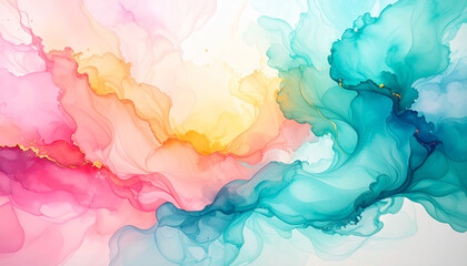 Vibrant watercolor splash with pastel rainbow colors creates soft gradient blending effect, showcasing abstract fluid art that evokes sense of tranquility and creativity