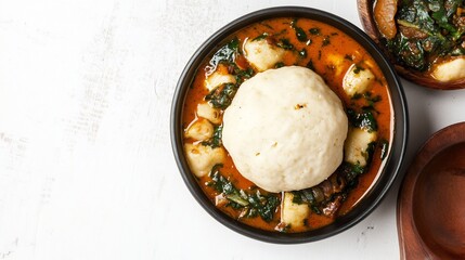 Flat lay of fufu staple dish Gabon made pounded cassava or plantain served bowl white background...