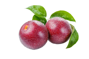 Fototapeta premium Two Ripe Red Plums with Green Leaves on Transparent Background, PNG