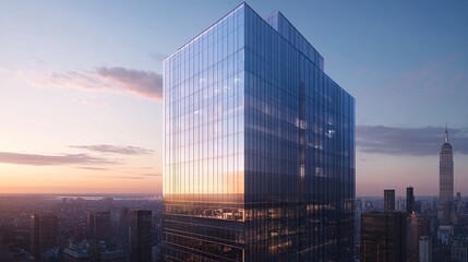 Fototapeta premium A polished office tower with floor-to-ceiling windows and a shimmering steel-and-glass exterior, reflecting the ambition and success of modern enterprises 