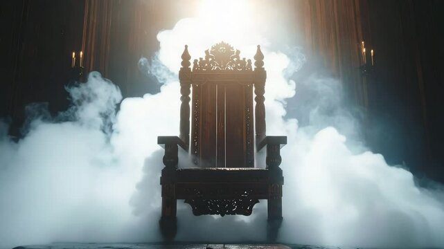Majestic wooden throne shrouded in dark fog, illuminated by soft light, evokes sense of mystery and grandeur.