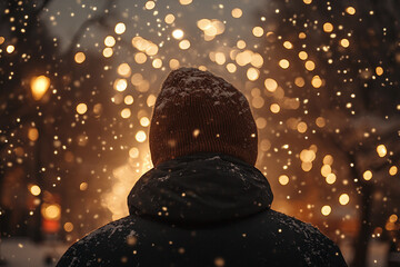 Dreamy Winter Night with a Person Admiring Sparkling Fireworks in Festive Holiday Atmosphere, Generative AI