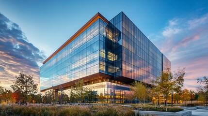 Obraz premium A sleek, modern building with a reflective glass facade and sharp architectural lines, standing tall as a symbol of innovation and success 