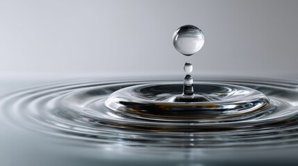 Drop of water is falling into a large body of water. The water is calm and still, with ripples forming around the drop. Concept of tranquility and peacefulness