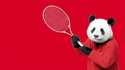 Panda bear is holding a tennis racket and smiling. The image is red and white, with a focus on the panda bear and the tennis racket