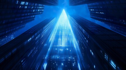 Obraz premium A soaring glass skyscraper captured from below, its sleek architecture rising into a vivid blue sky, embodying the spirit of business and finance in a modern metropolis 