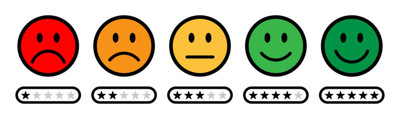 Emoji feedback rating scale with color coded faces from red sad to green happy, paired with 1 to 5 star rating bars. Perfect for, surveys, reviews, or customer satisfaction. Rating emoji, icons.